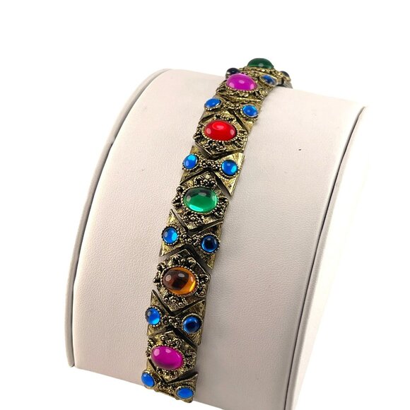 Jewels of India Cabochon Bracelet Chunky gold Tone Statement Runway 80s RARE! - Picture 8 of 10